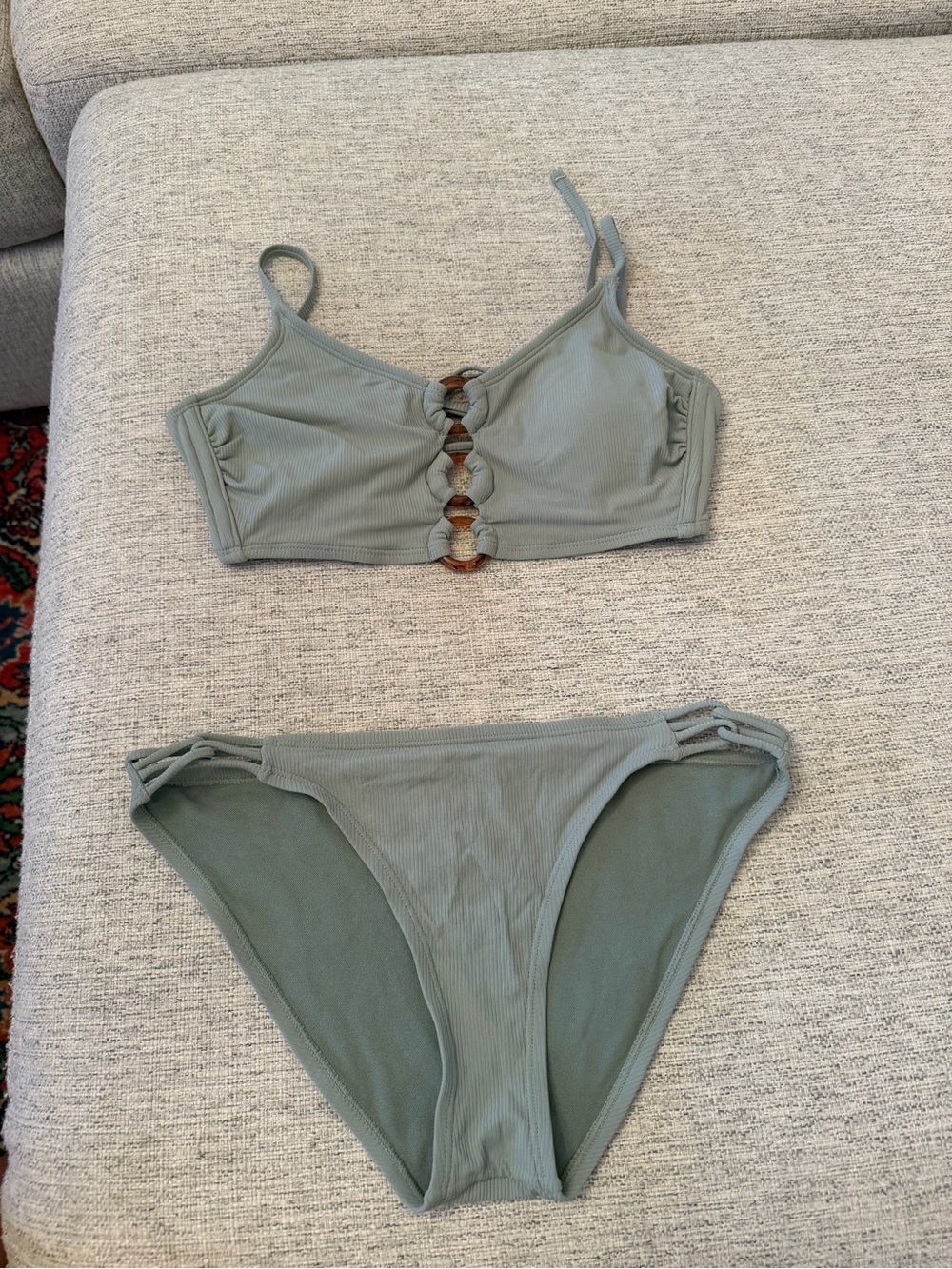 Xhilaration Sage Green Ribbed Bikini Set with Ring-Detail Top